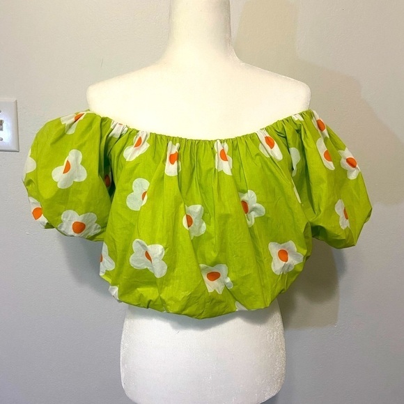 Easel women's medium bright green daisy print billowing crop top NWT - Picture 1 of 8